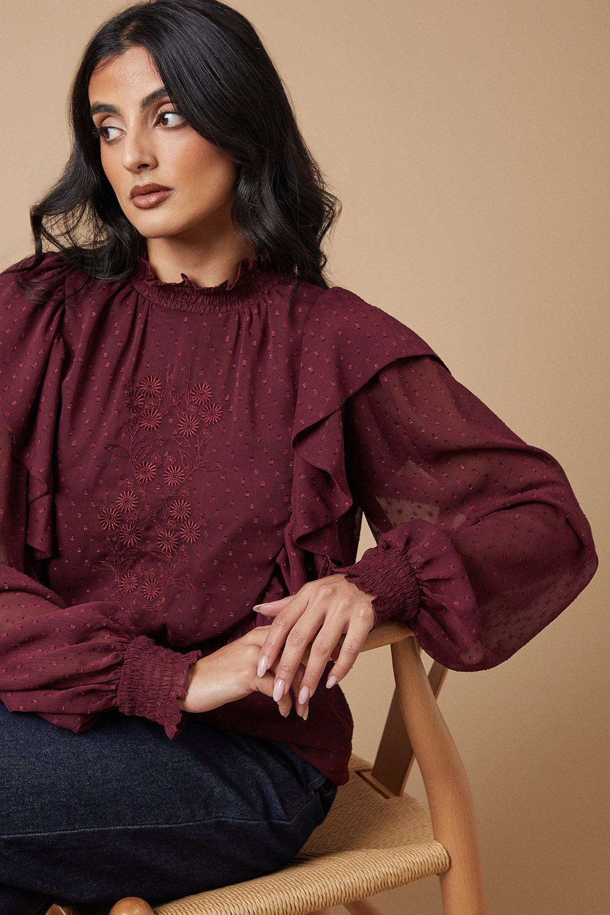 Oasis Embroidered Dobby Chiffon Blouse Raspberry image 3