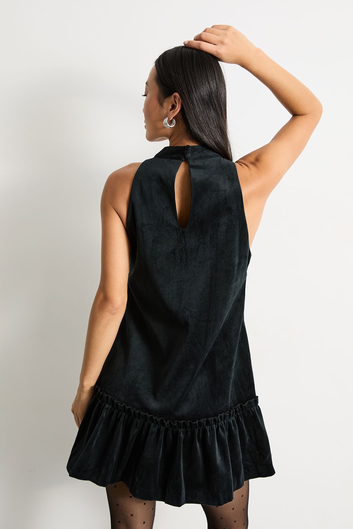 Warehouse Petite Bonded Velvet High Neck Mini Dress Black image 3