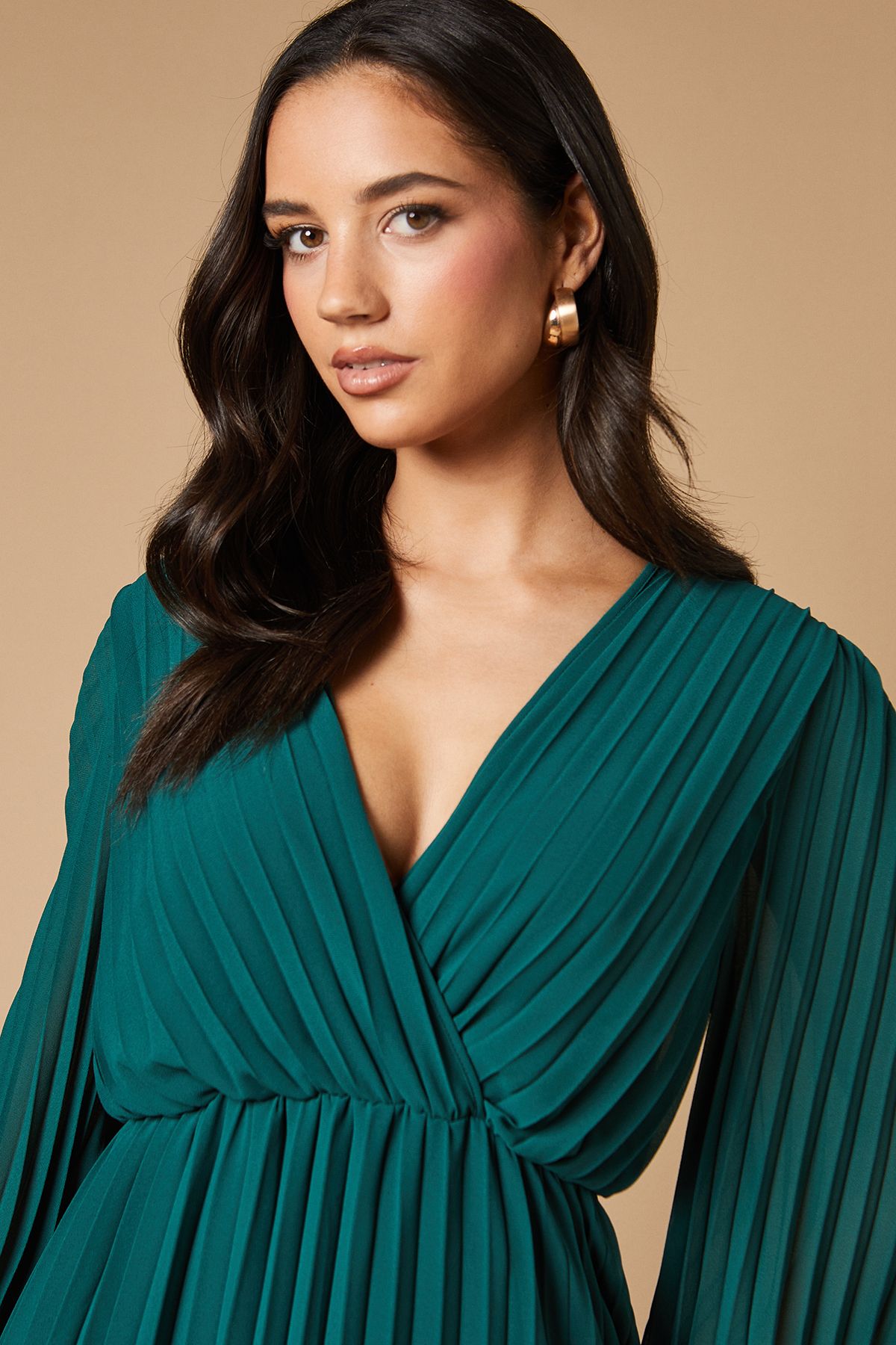 Oasis Pleated Lace Trim Insert Wrap Midi Dress Green image 2