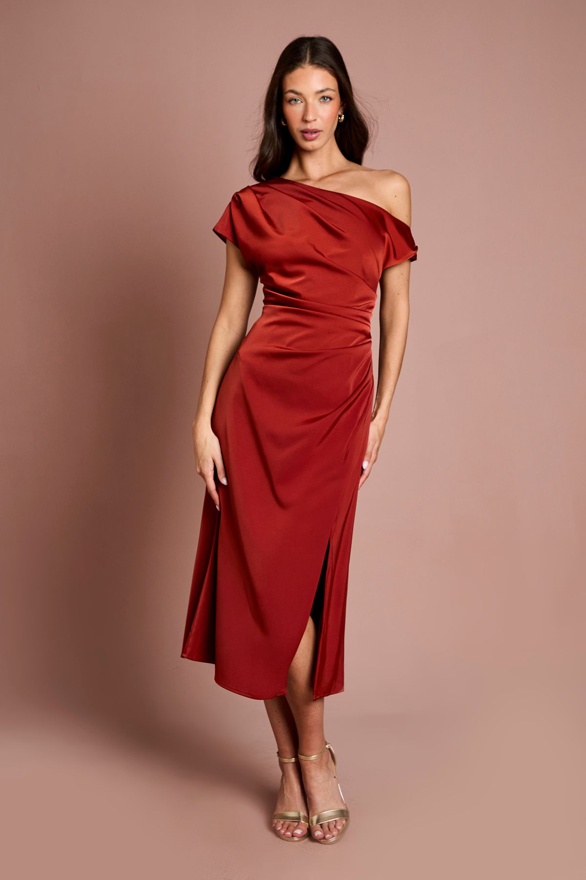 Coast Off Shoulder Satin Side Tie Midi Dress Rust
