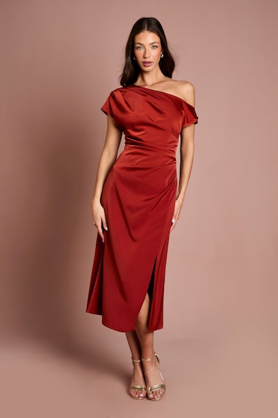 Coast Off Shoulder Satin Side Tie Midi Dress Rust