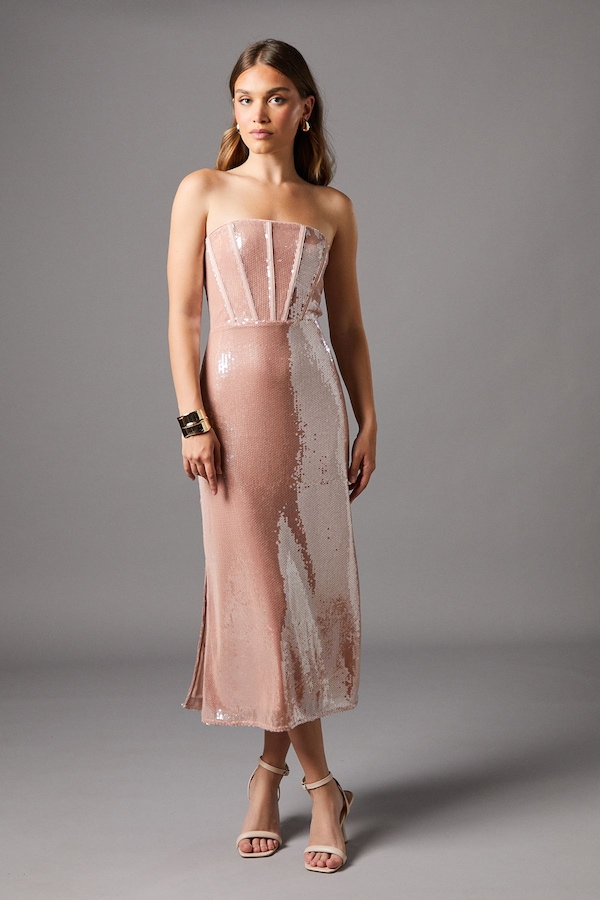 Coast Bandeau Corset Sequin Midi Dress Mink