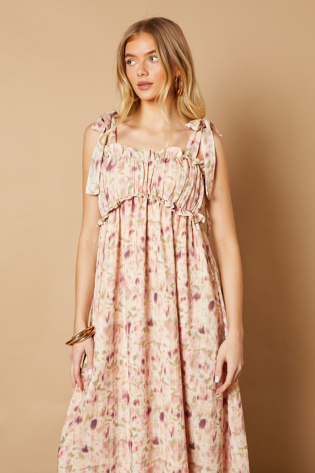 Oasis Printed Shirred Back Strappy Midi Dress Blush image 4