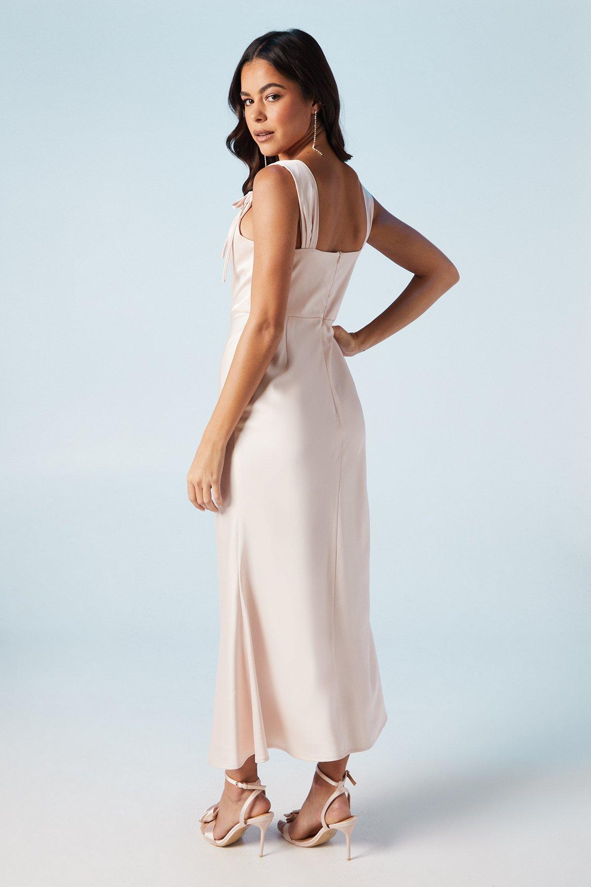 Oasis Bow Strap Detail Satin Midi Bridesmaids Dress Blush image 3
