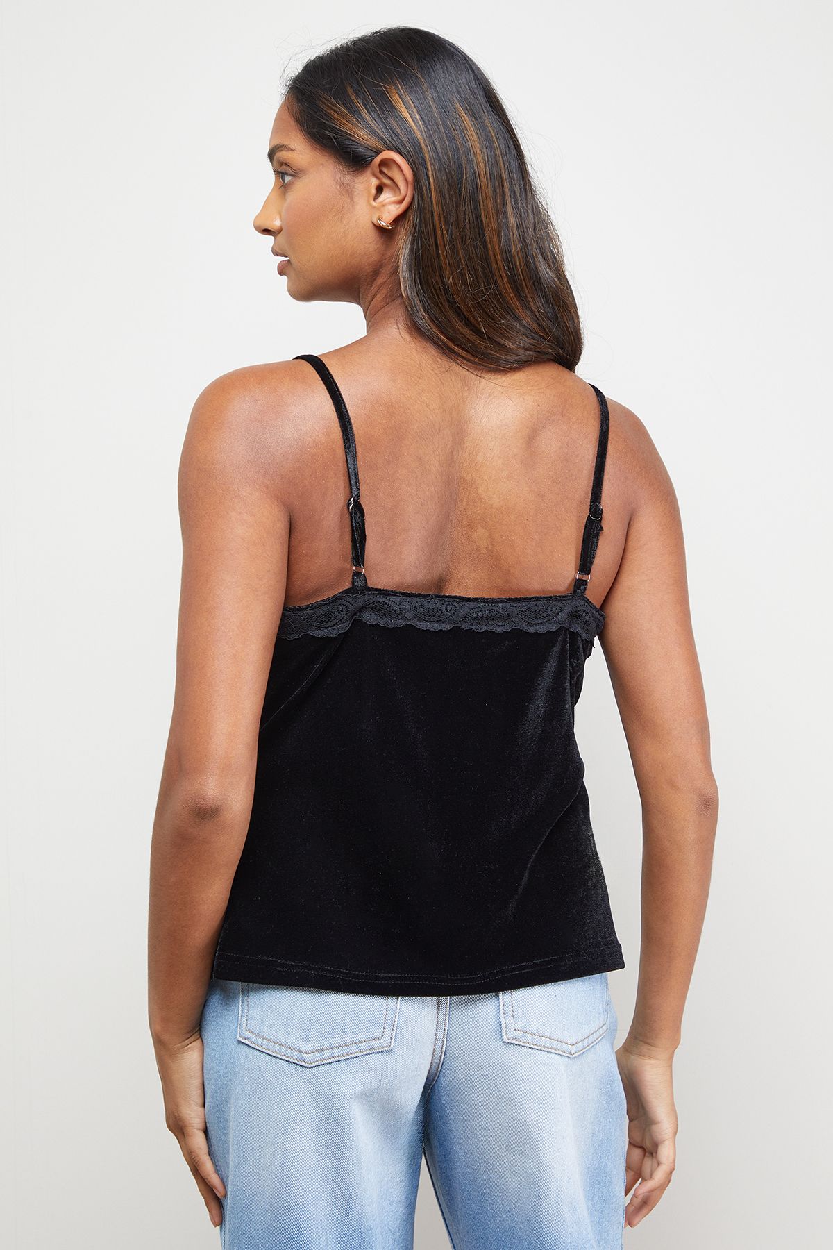 Oasis Velvet Lace Detail V Neck Strappy Cami Top Black image 3