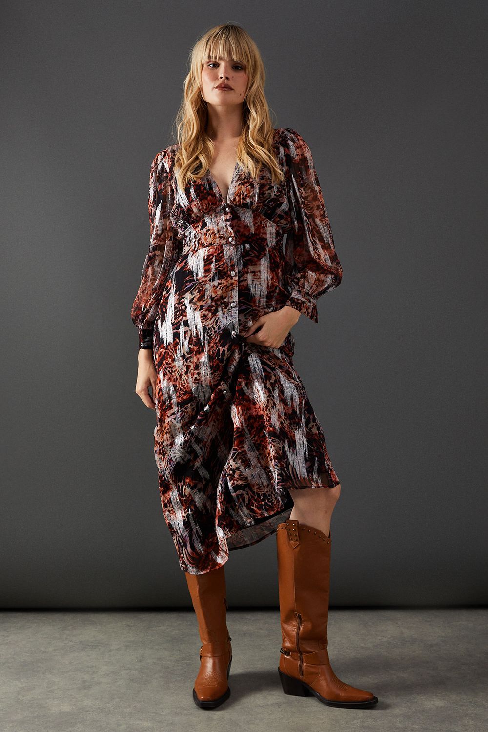 Warehouse Metallic Jacquard Plunge Neck Button Through Midi Dress Animal image 1