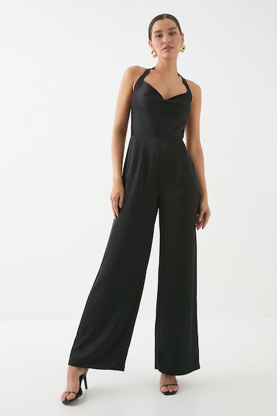MissPap Satin Cowl Halter Neck Jumpsuit Black