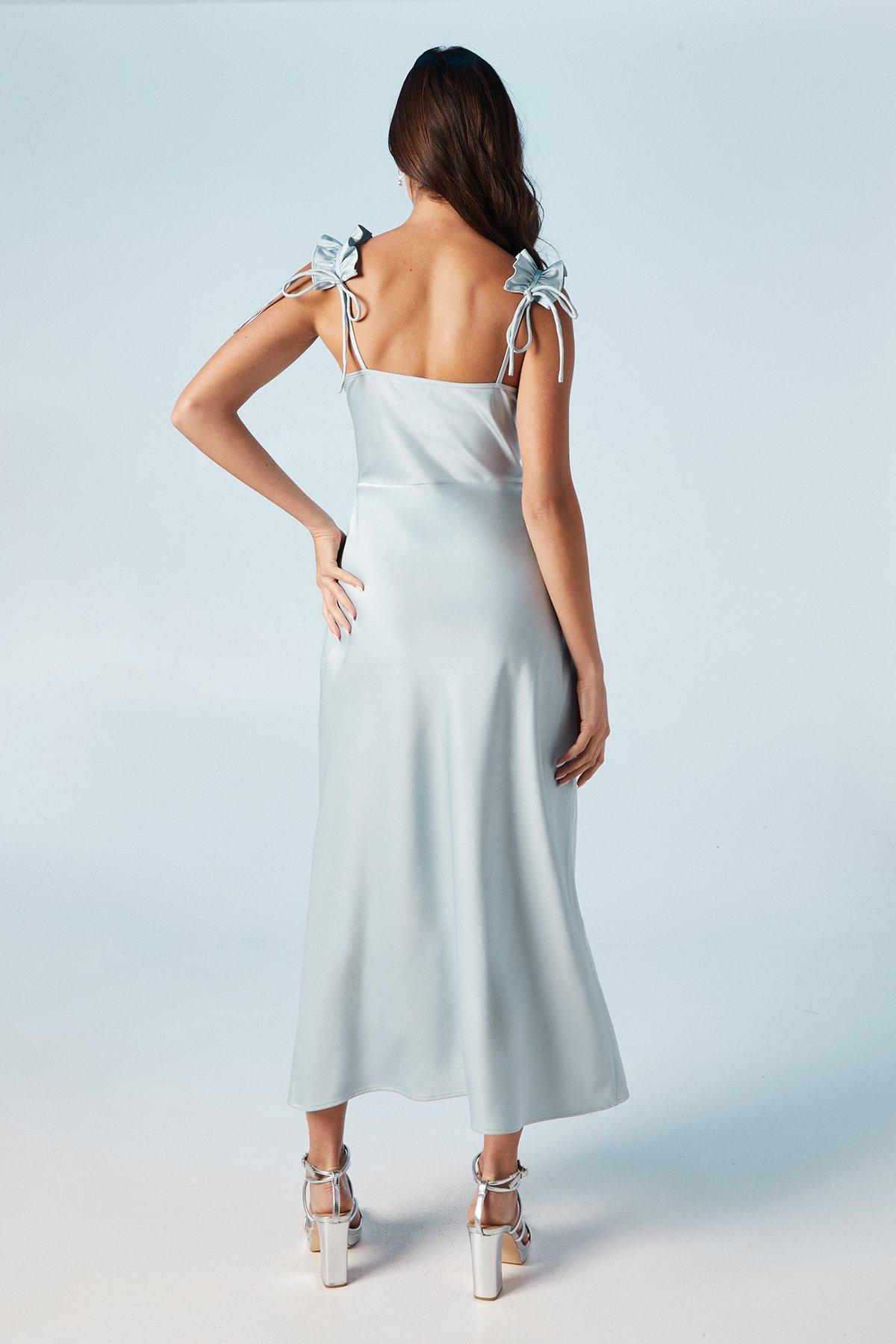 Oasis Ruffle Shoulder Detail Satin Bridesmaids Midi Dress Light Blue image 3