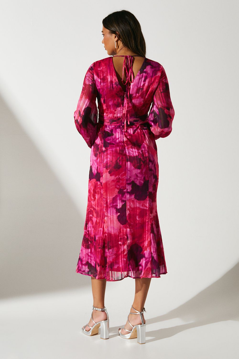 Coast Blouson Pleat Waist Burnout Midi Dress Pink image 3