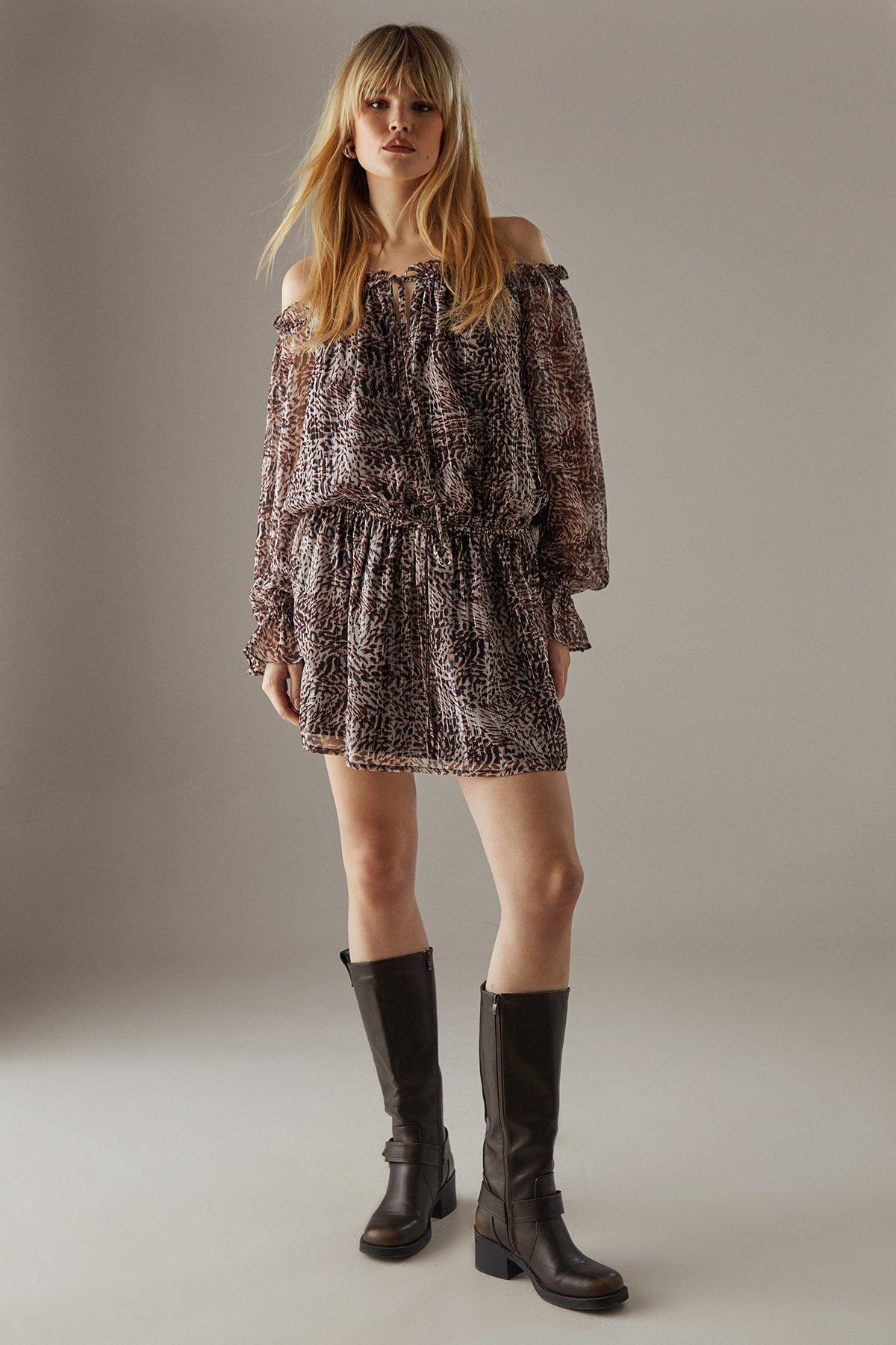 Warehouse Metallic Chiffon Bardot Drop Waist Mini Dress Animal image 2