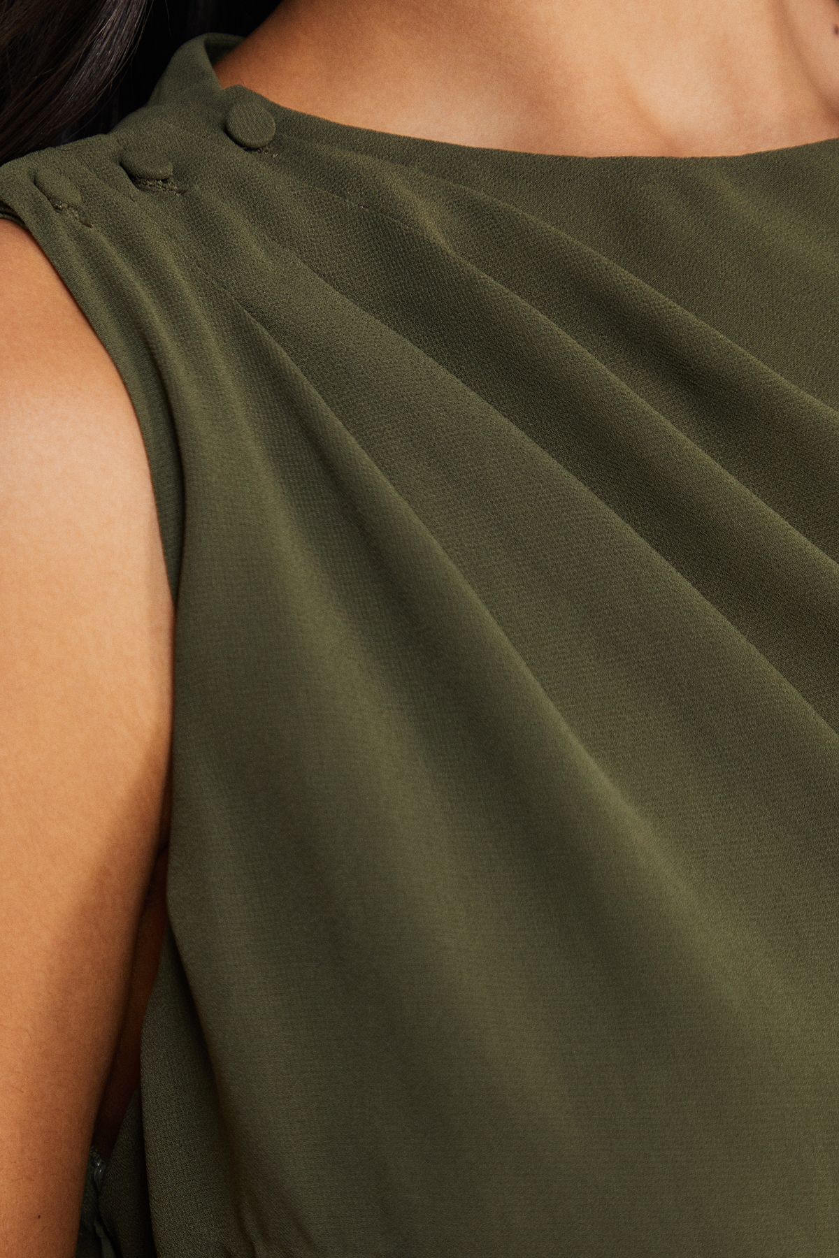 Warehouse Satin Chiffon Mix One Shoulder Drape Jumpsuit Dark Olive image 5