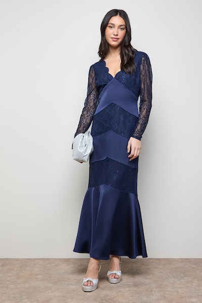 Oasis Satin Lace Mix V Neck Maxi Dress Navy