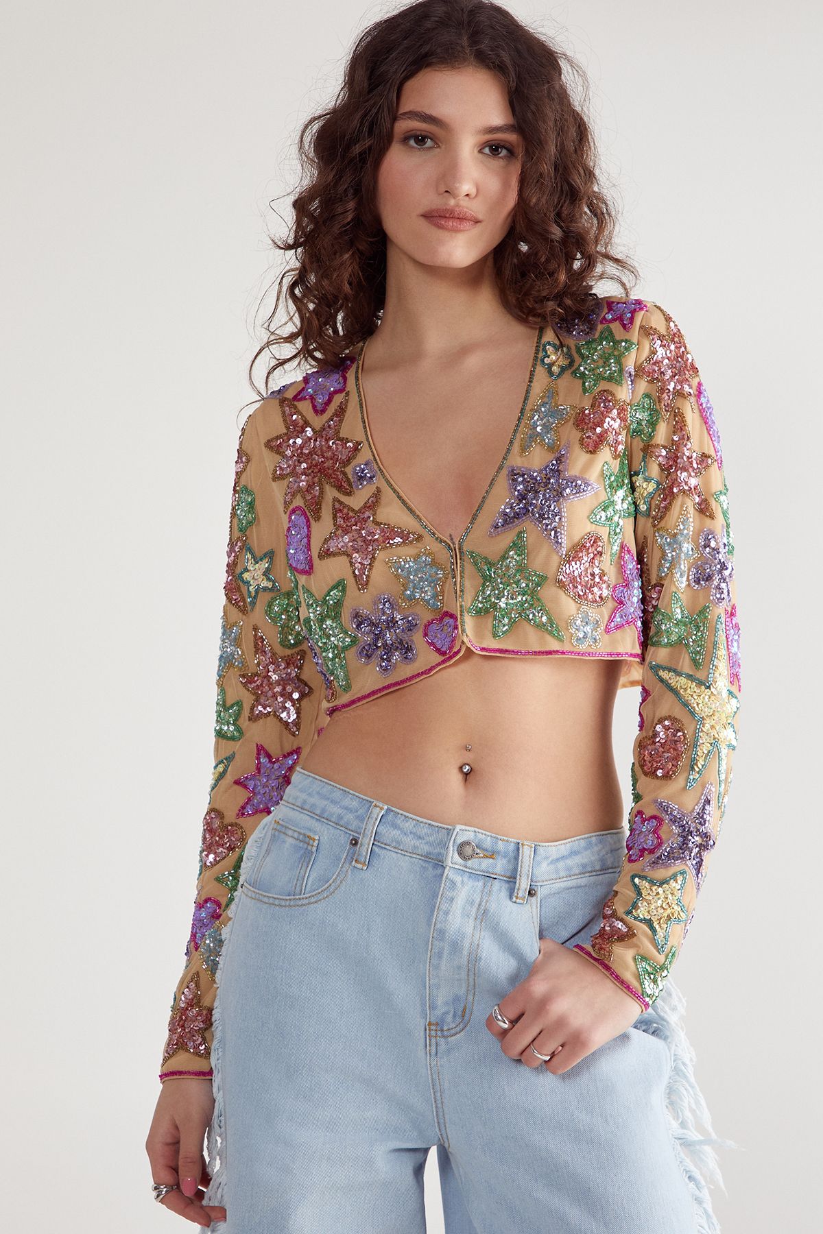 NastyGal Star And Heart Embellished Jacket Nude image 4