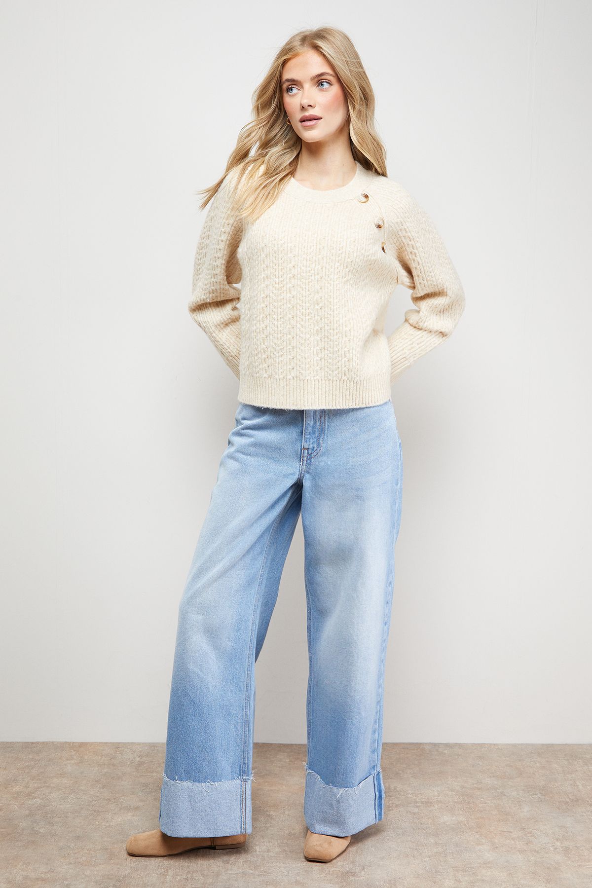 Oasis Stitchy Button Detail Crew Neck Jumper Ecru image 2