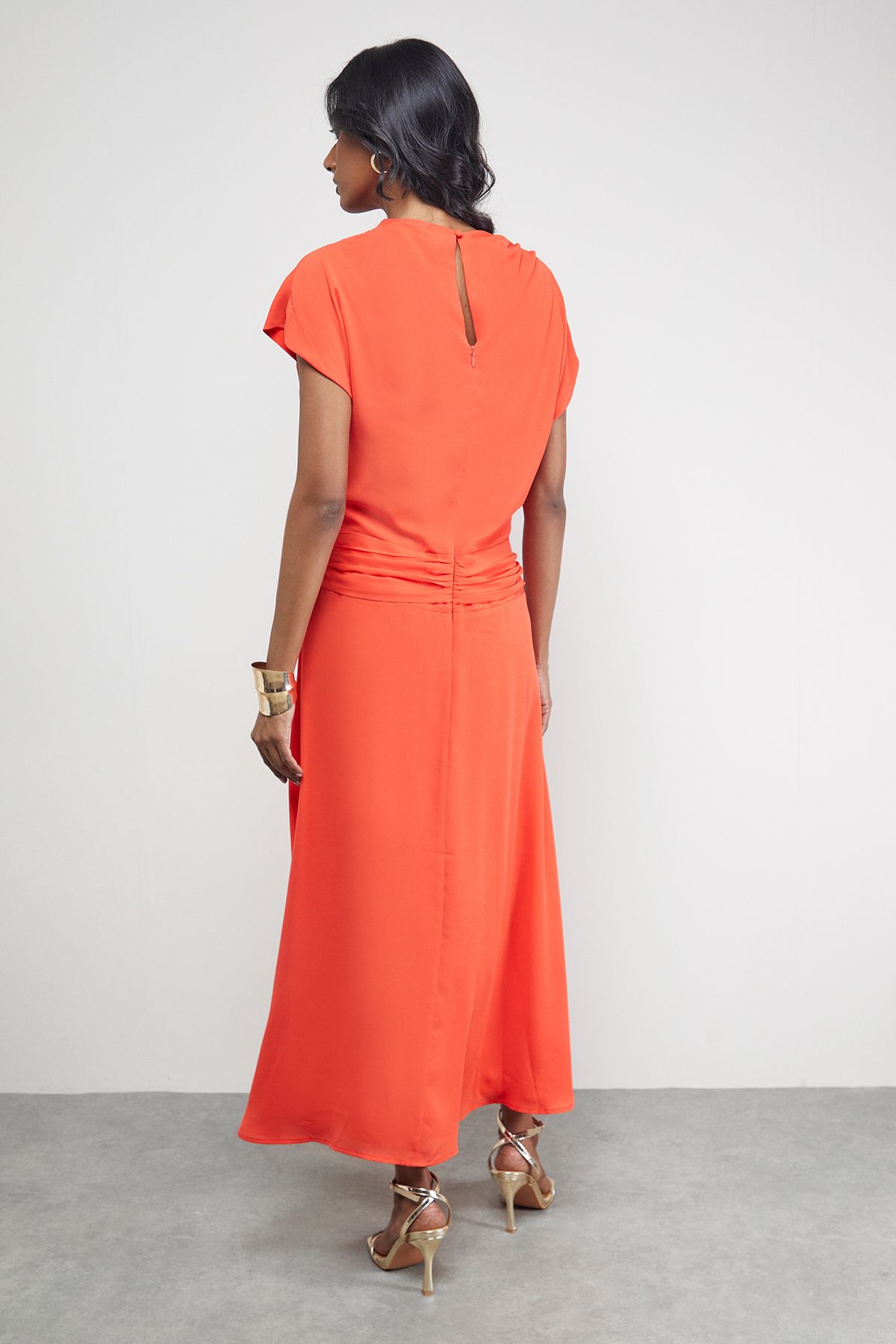 Warehouse Chiffon Grown On Sleeve Drop Waist Midi Dress Orange image 3