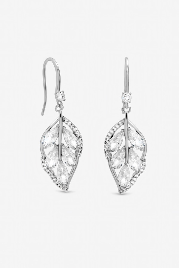 Jon Richard Rhodium Plated and Crytal Leaf Drop Earrings