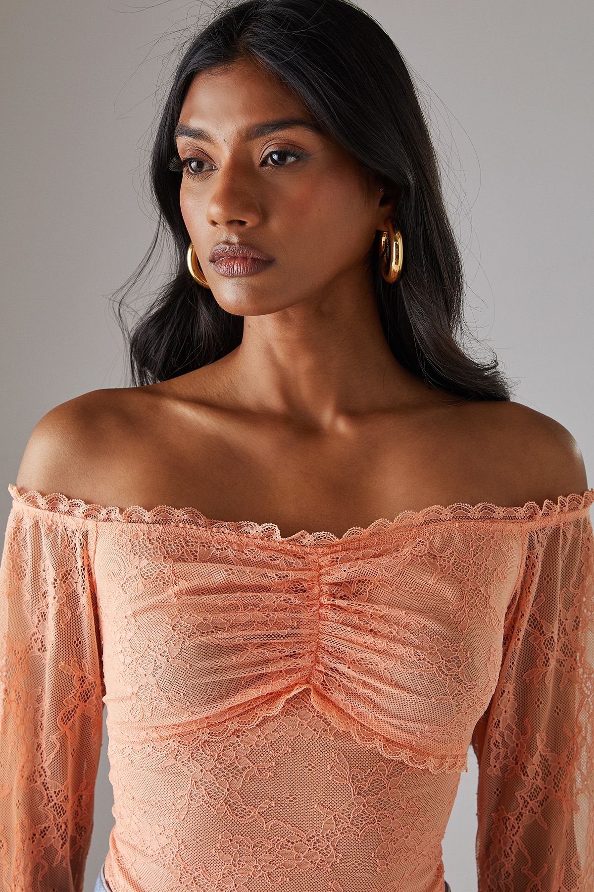 Warehouse Lace Bardot Bow Detail Bodysuit Peach image 2