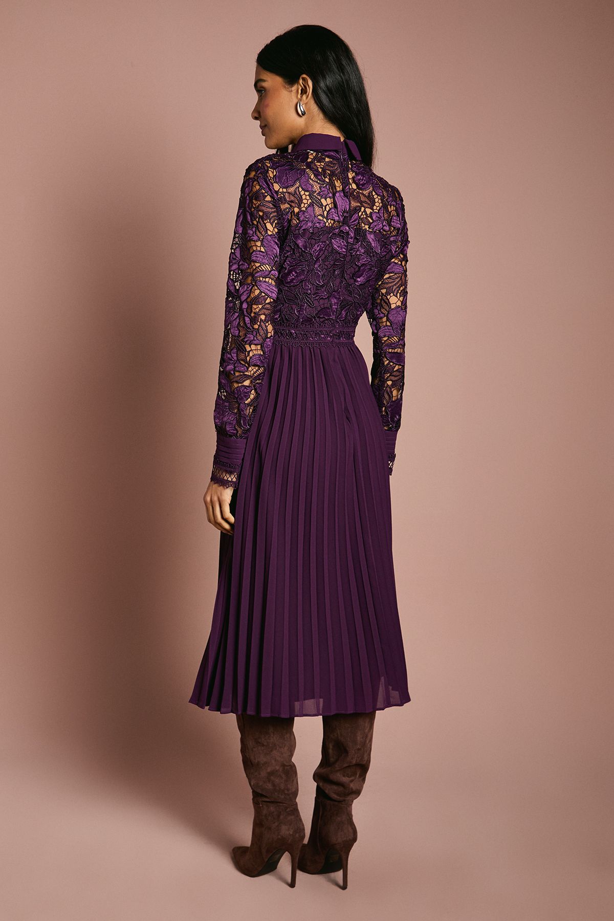 Coast Long Sleeve Lace and Pleated Midi Shirt Dress Plum image 3
