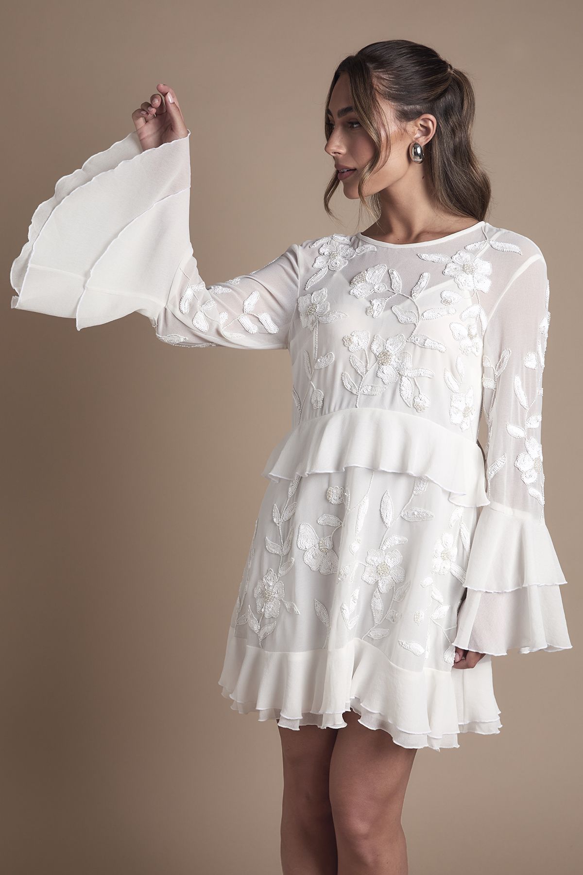 Coast Sequin Long Sleeve Ruffle Mini Wedding Dress Ivory image 1
