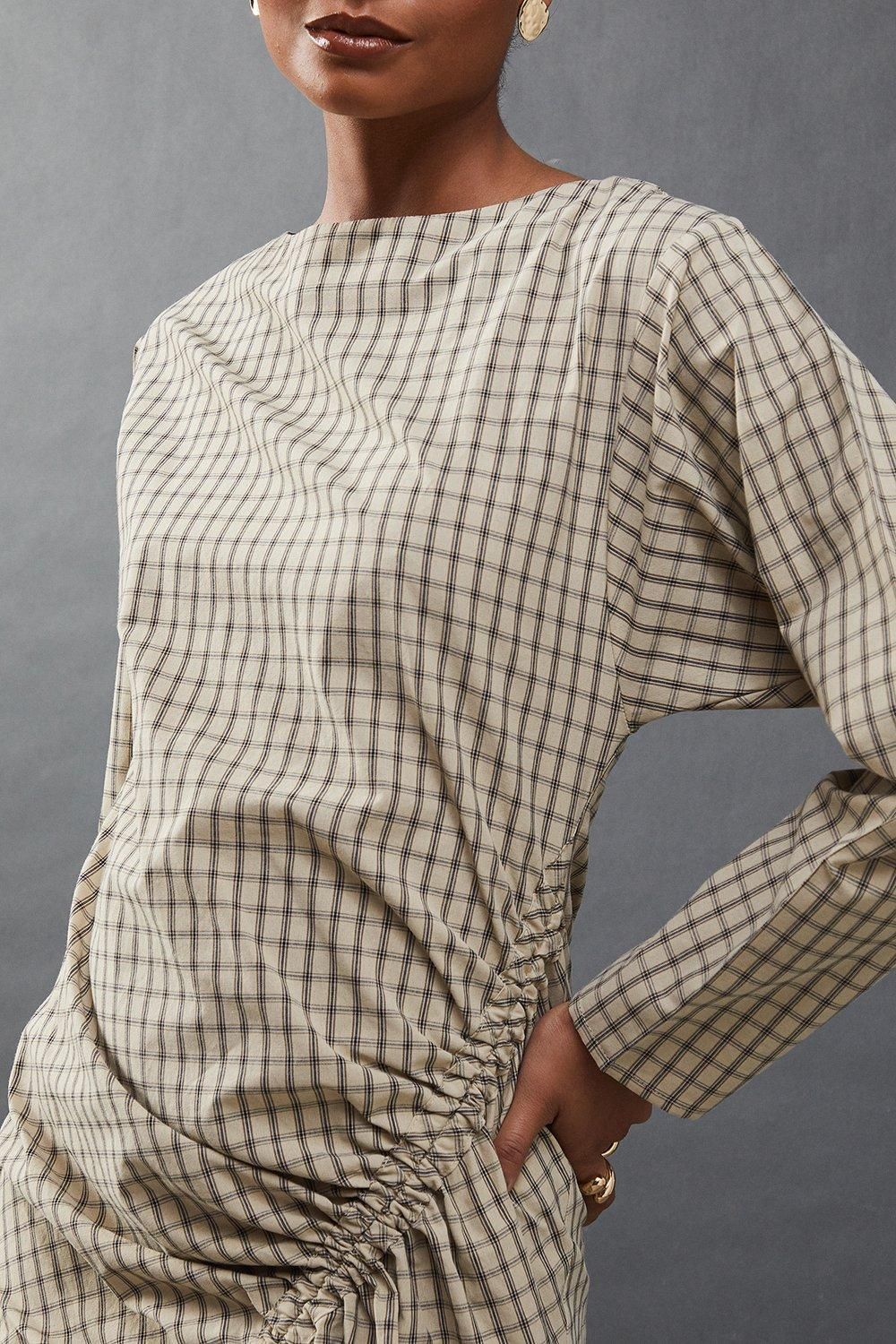 Warehouse Check Batwing Channel Detail Midi Dress Beige image 2