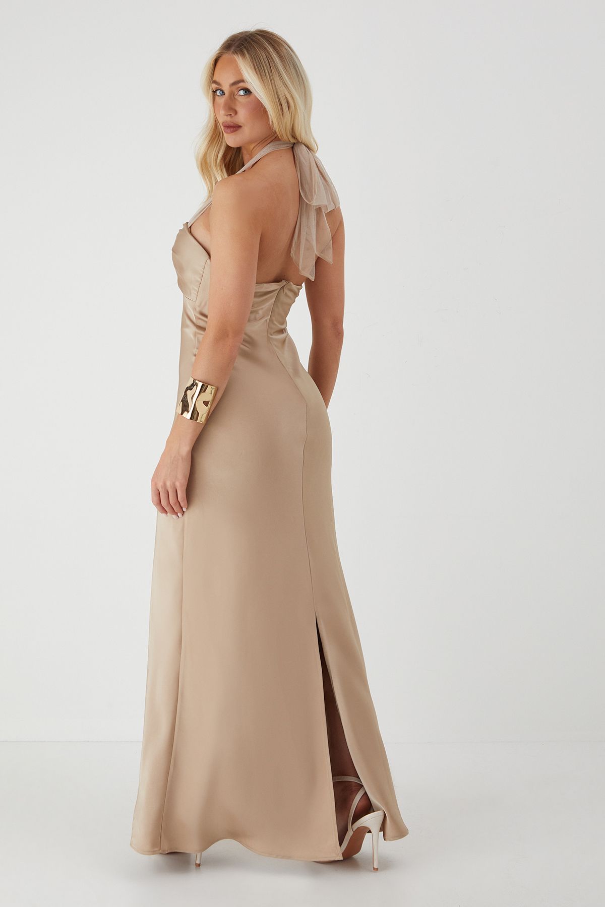 MissPap Ruched Bust Cup Halter Neck Maxi Dress Champagne image 3