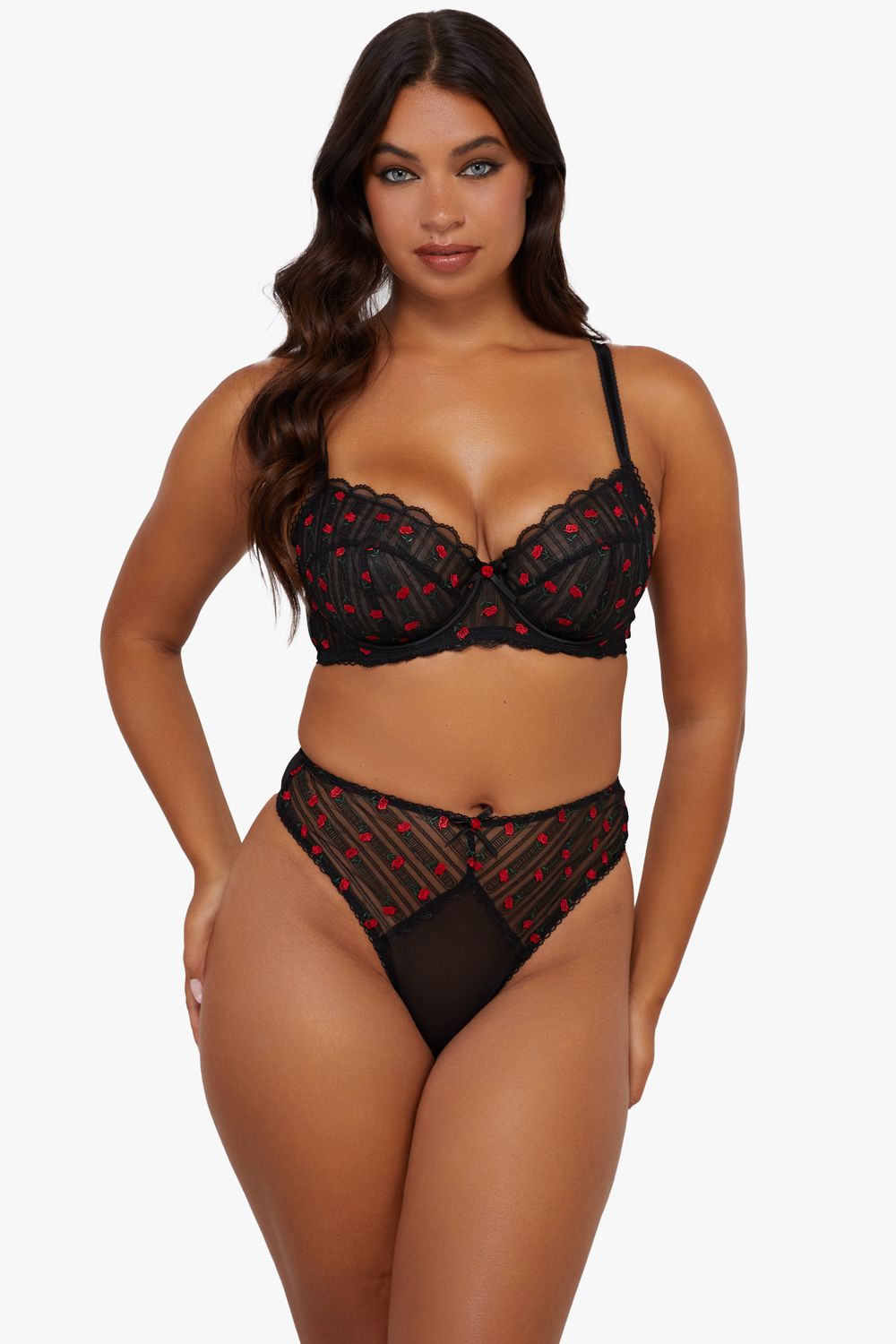 Playful Promises Elodie Black And Red Rosebud Embroidery Balcon Bra image 2
