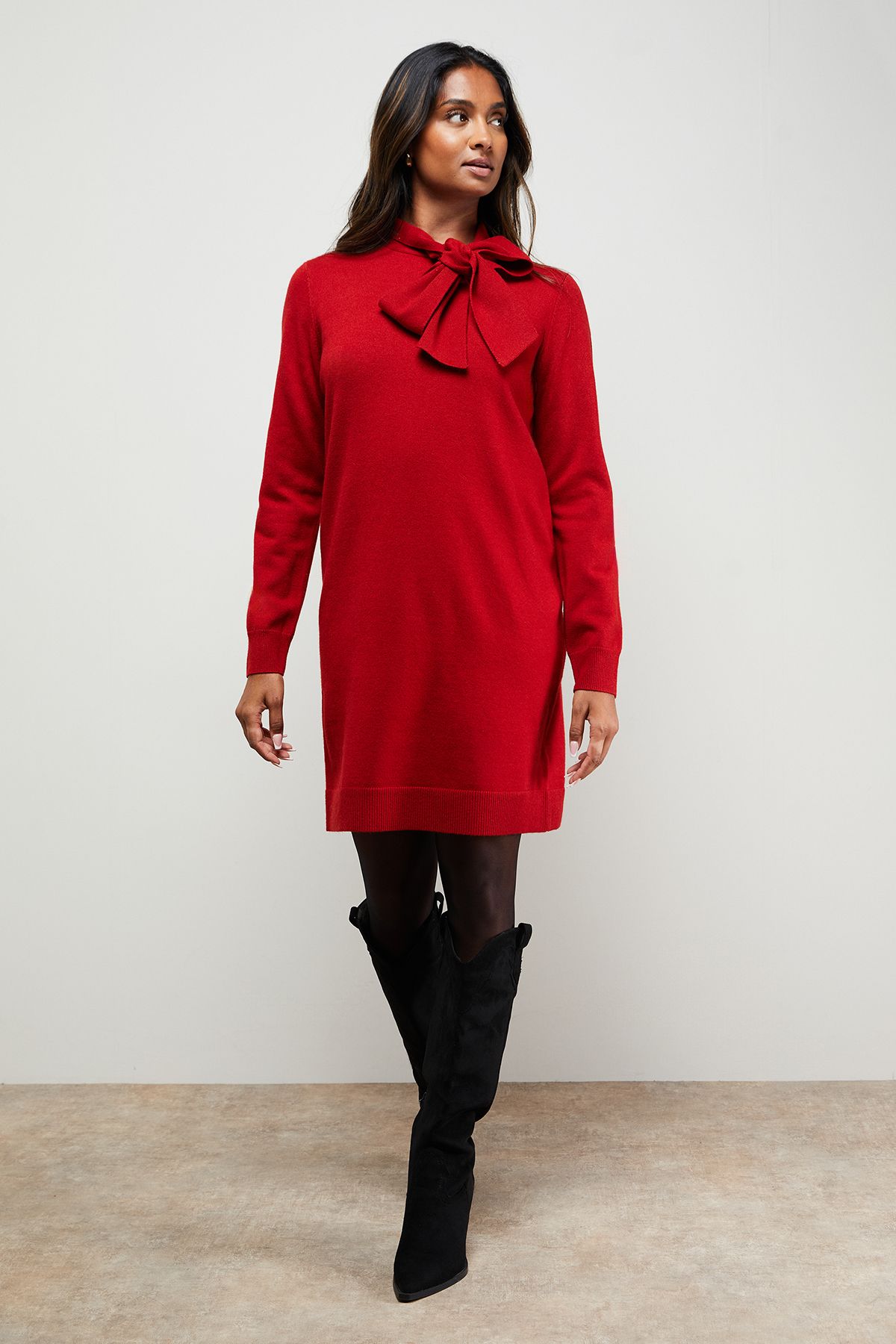 Oasis Pussy Bow Knitted Mini Dress Red