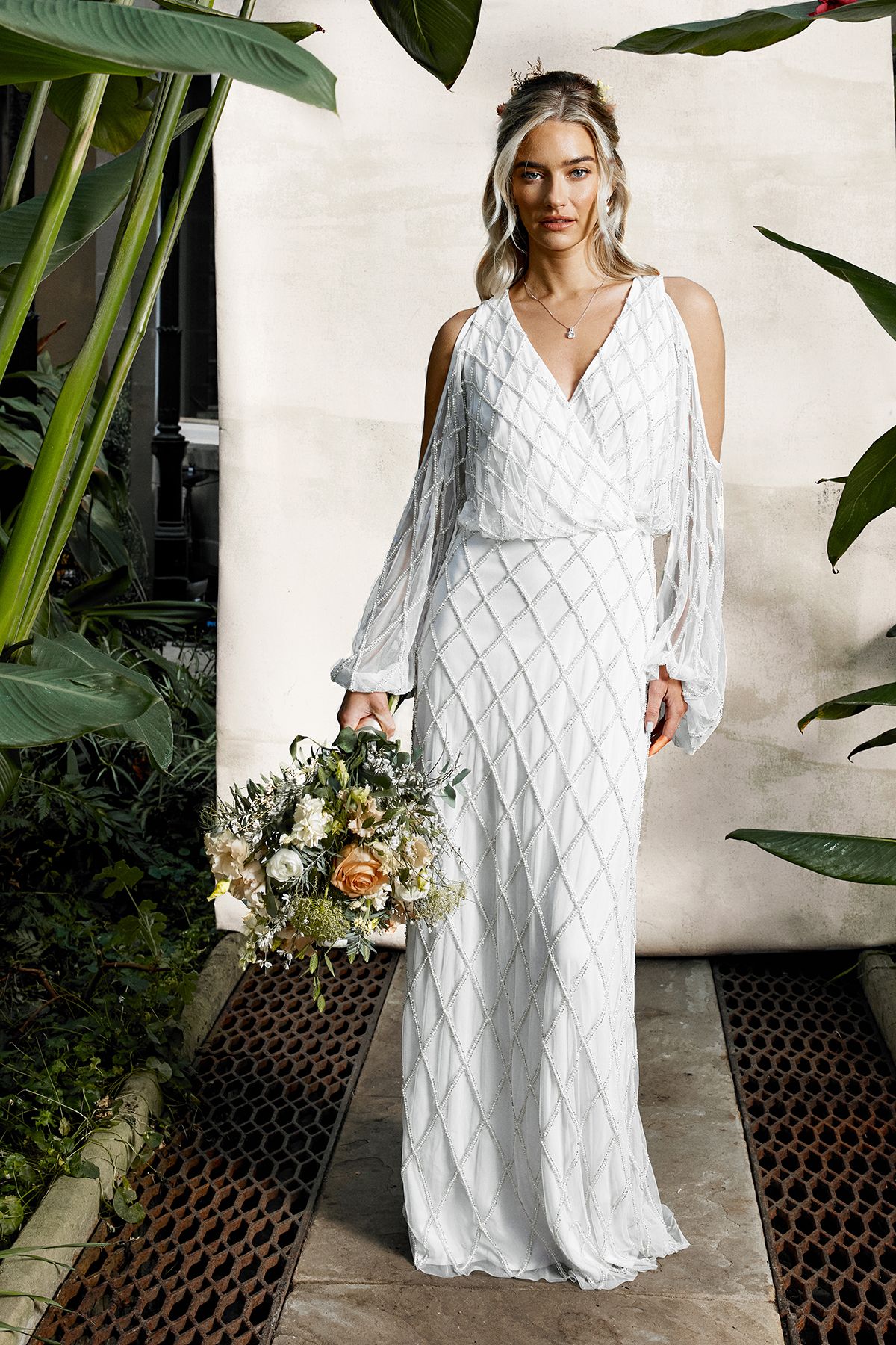 Coast Ivory Geometric Embellished Cold Shoulder Wedding Dress PLT