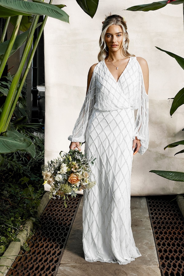 Coast Geometric Embellished Cold Shoulder Wedding Dress Ivory