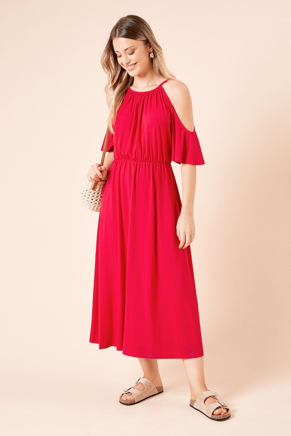 Dorothy Perkins Cold Shoulder Halterneck Jersey Midi Dress Rose