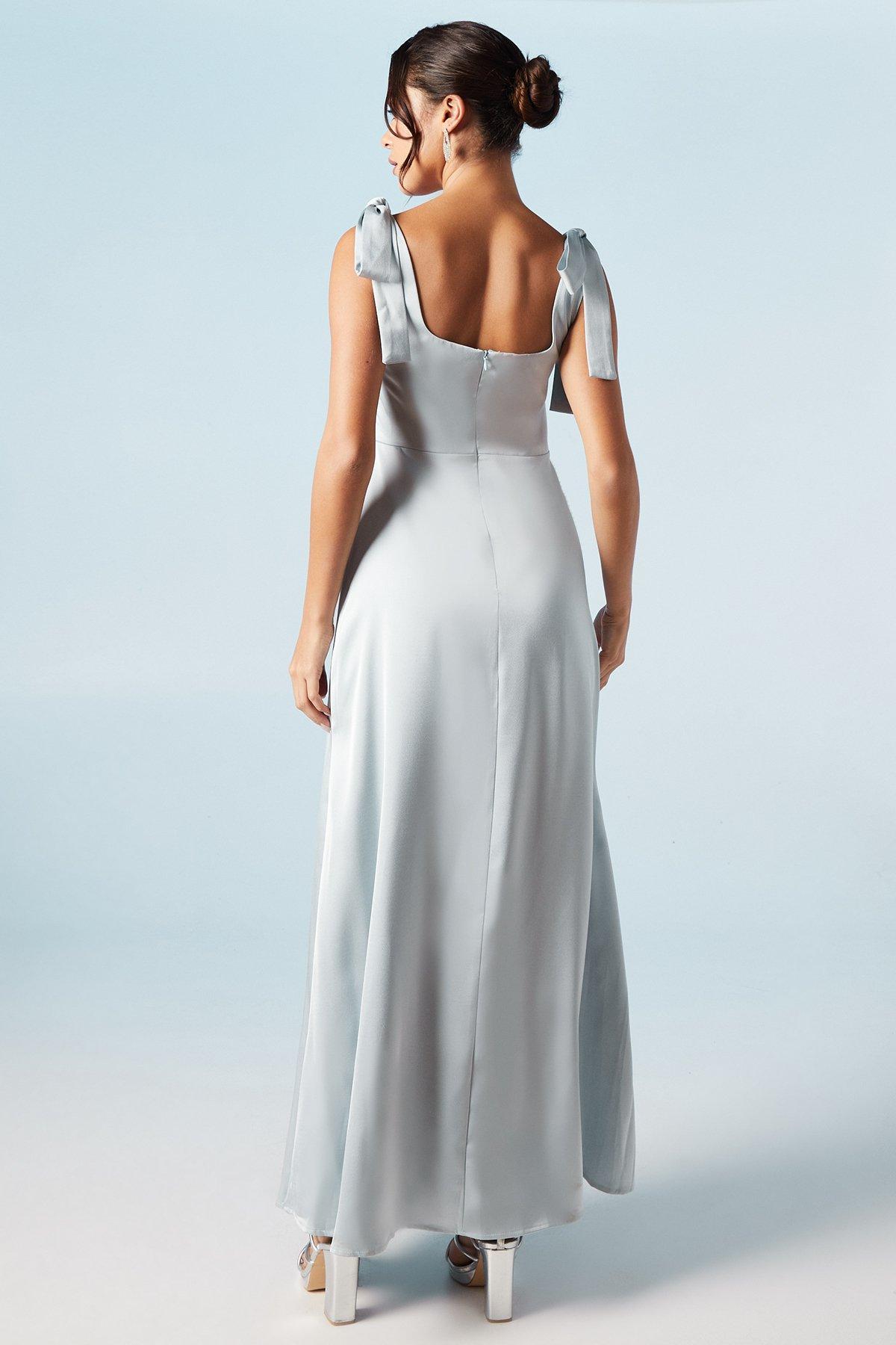 Oasis Satin Tie Shoulder Midi Bridesmaids Dress Light Blue image 3