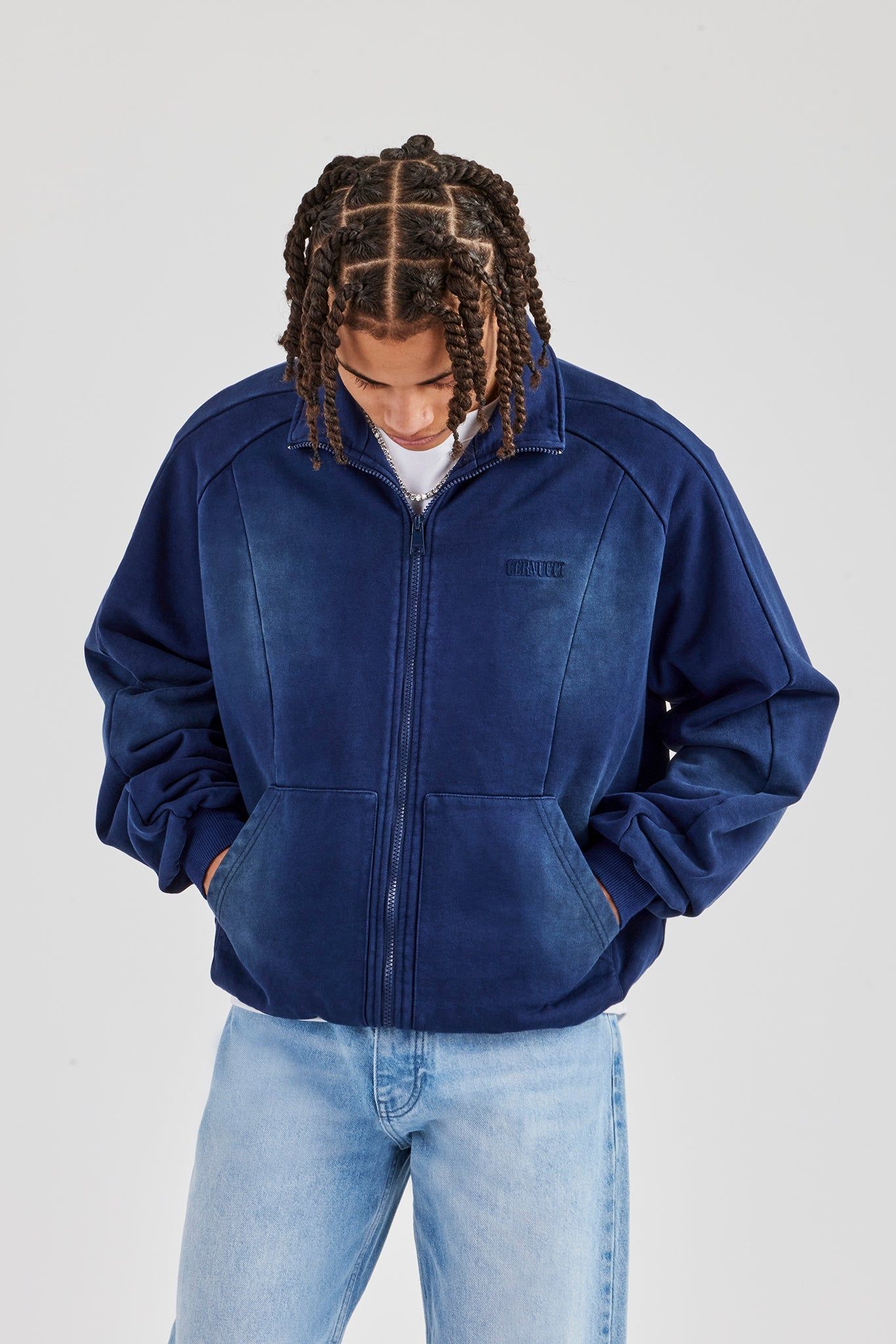 Cernucci Washed Raglan Seam Detail Zip Through Hoodie - Navy Blue image 4