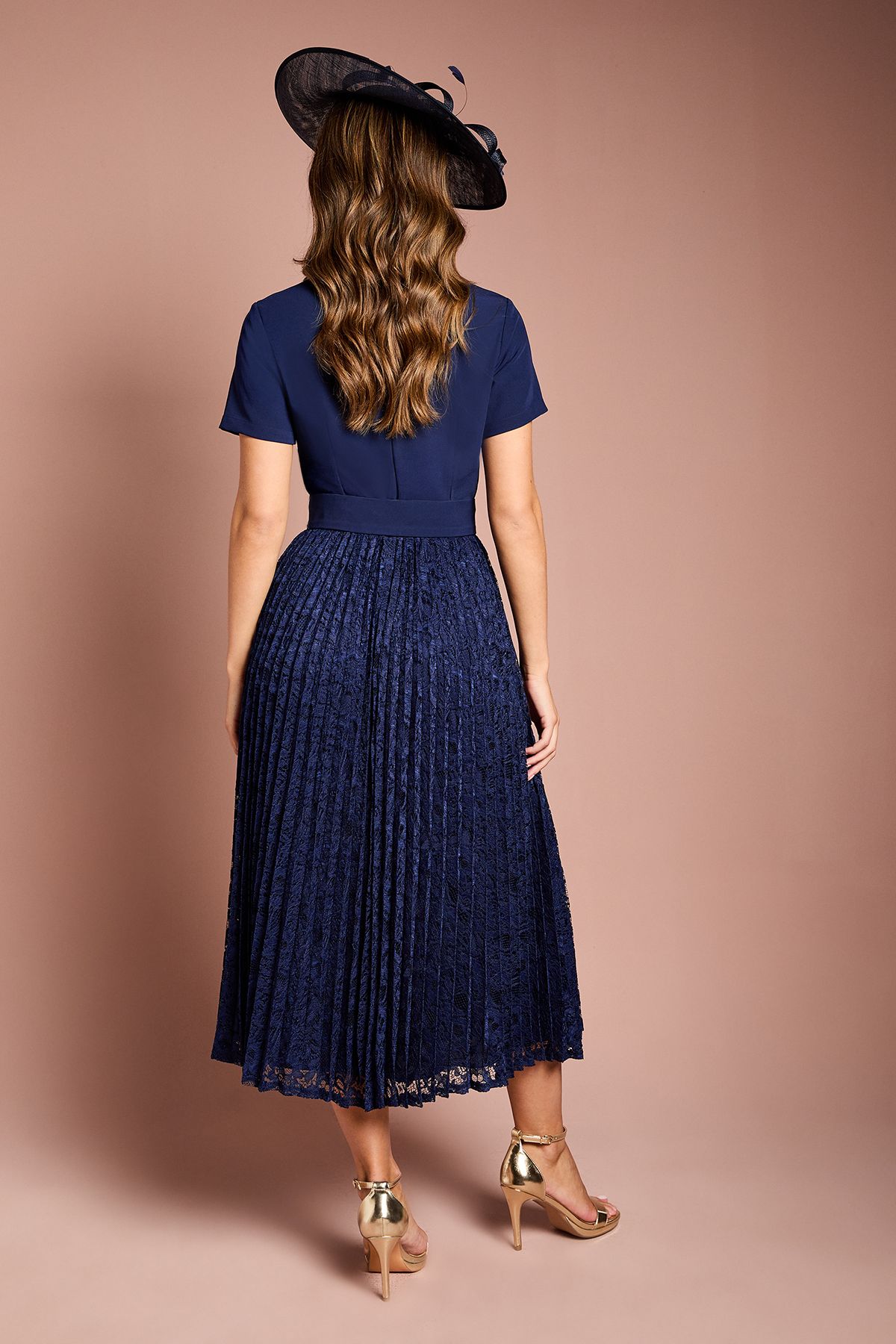Coast Short Sleeve Crepe Midi Dress With Lace Pleated Skirt Navy image 4