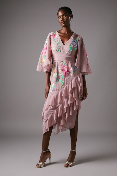 Coast Embroidered Midi Dress With Ruffles Nude