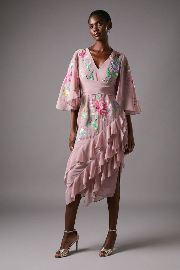 Coast Embroidered Midi Dress With Ruffles Nude