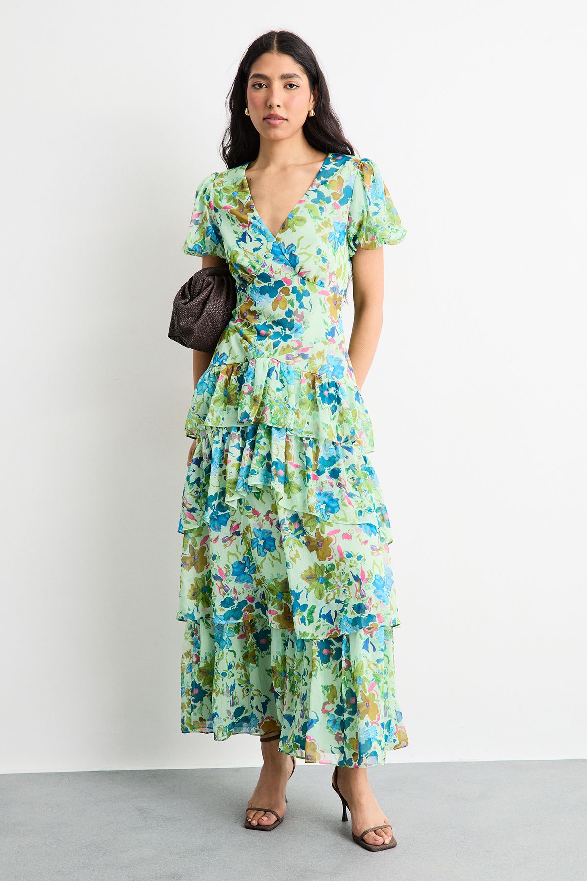 Warehouse Floral Dropped Waist Puff Sleeve Tiered Midi Dress Green image 4
