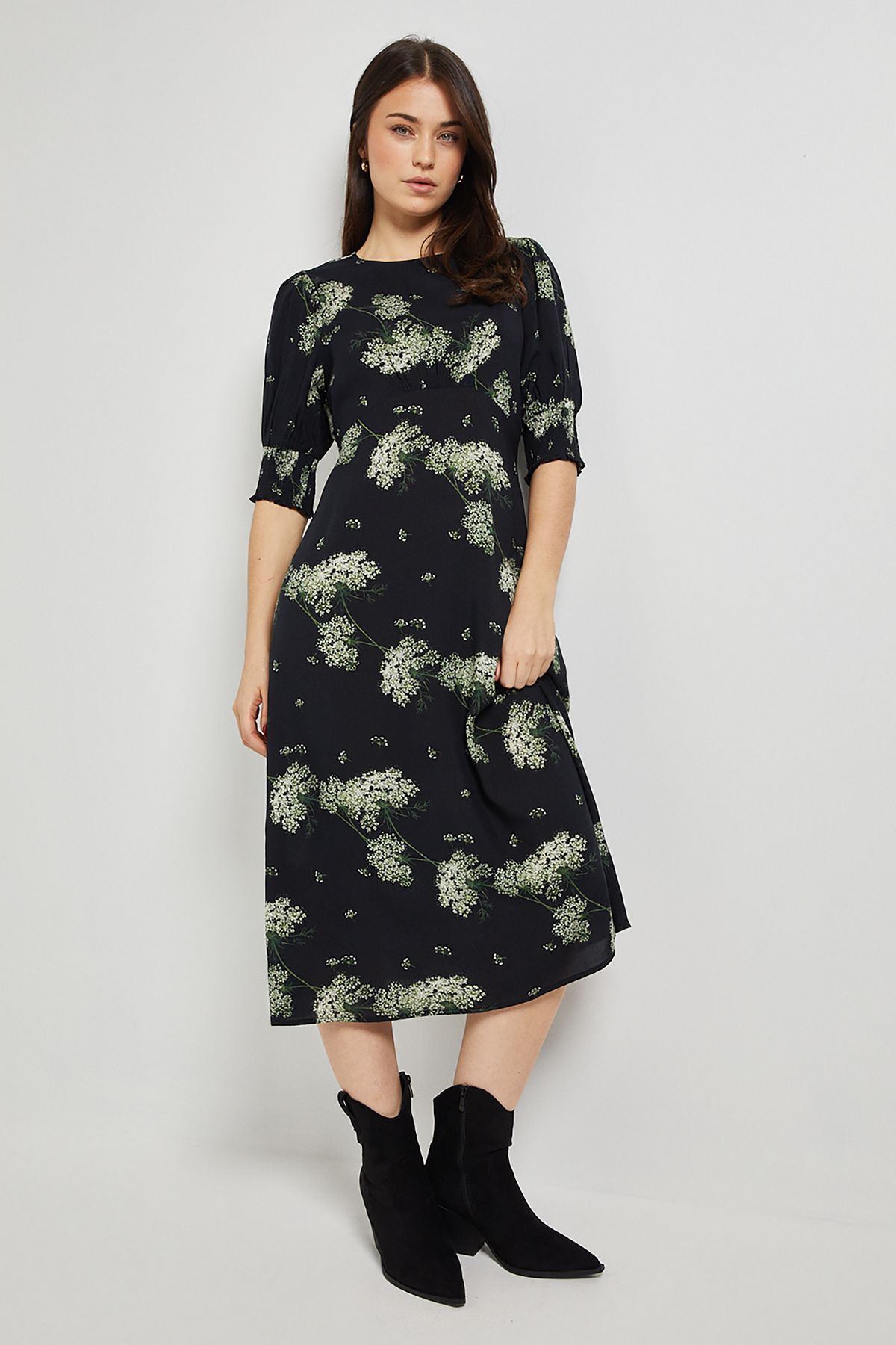 Dorothy Perkins Petite Shirred Cuff Midi Dress Floral image 1