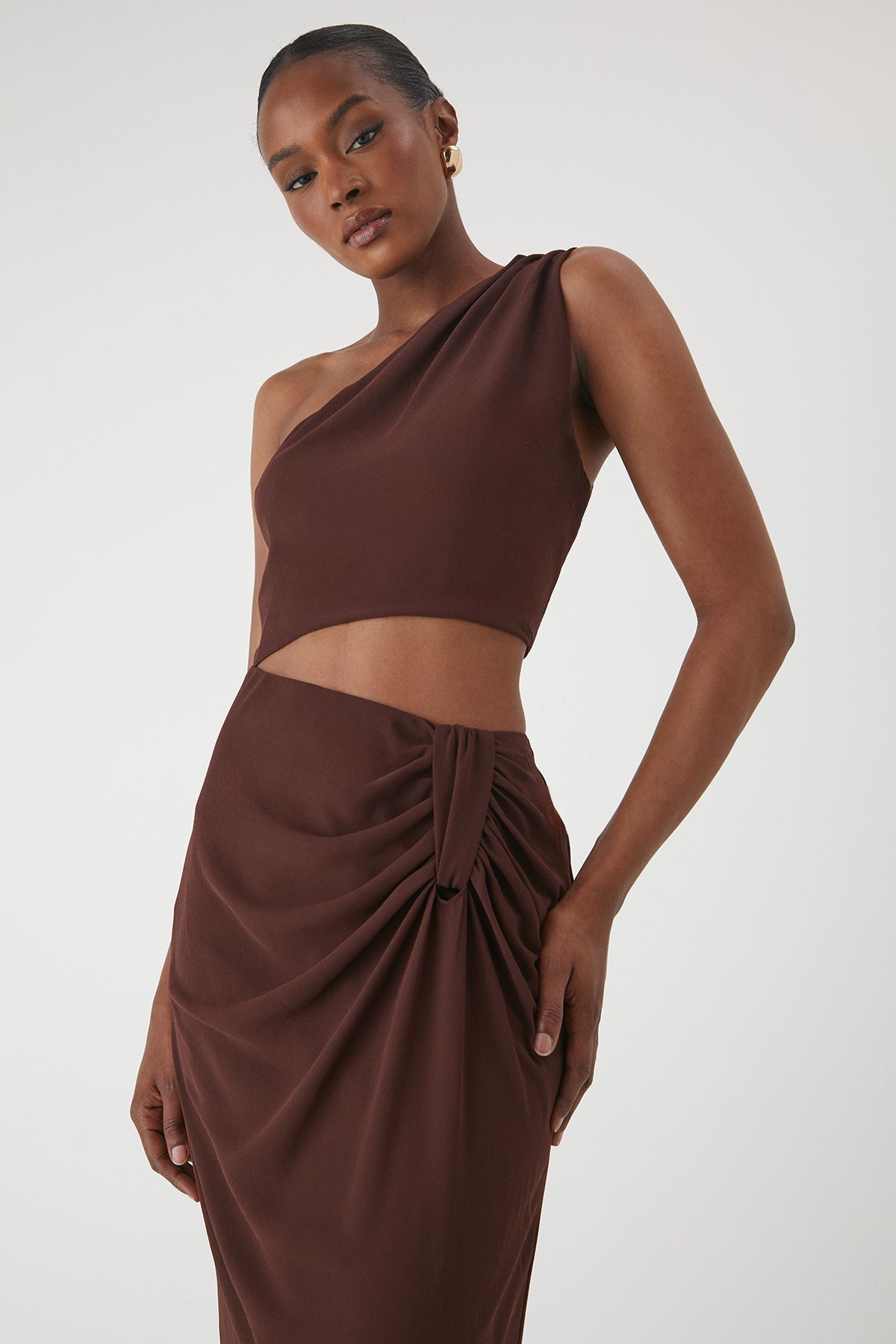 MissPap Asymmetric Shoulder Cut Out Ruched Maxi Dress Chocolate image 2