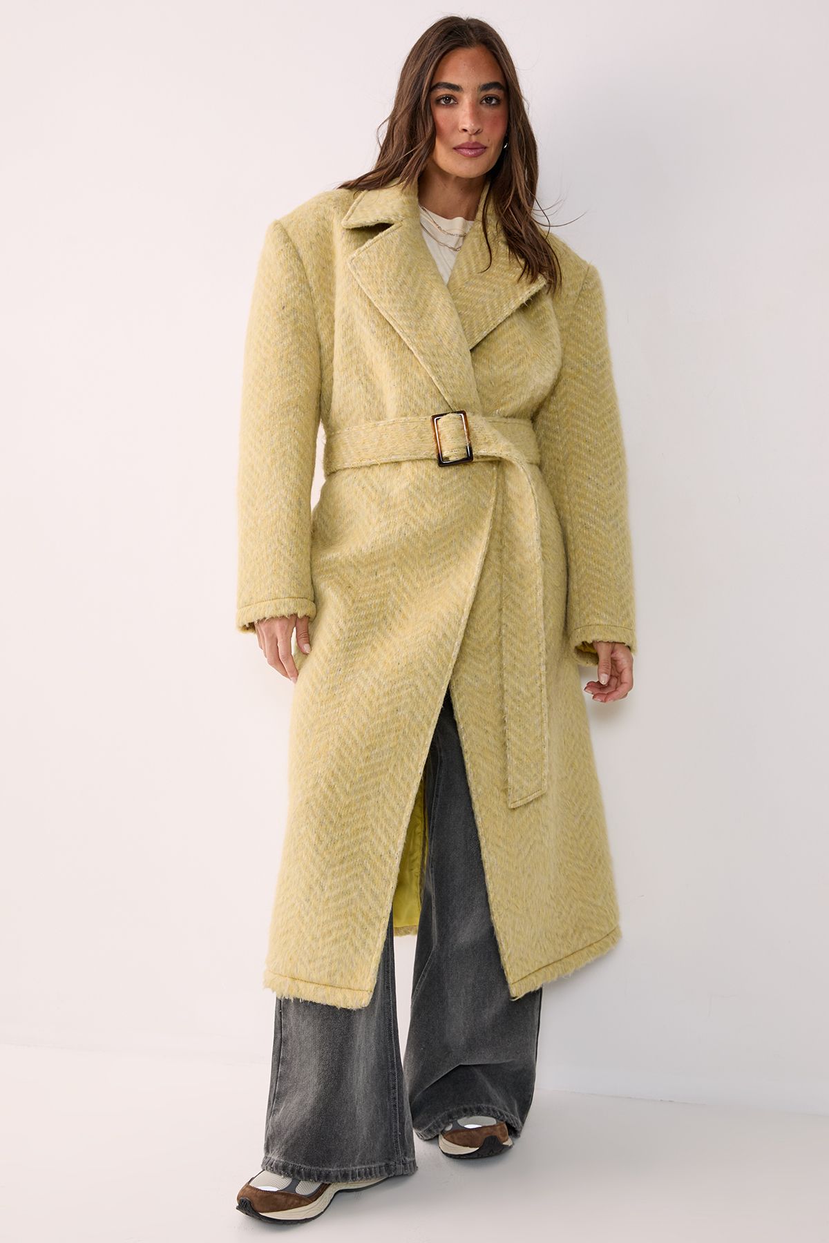 NastyGal Premium Double Breasted Brushed Herringbone Coat Butter image 3