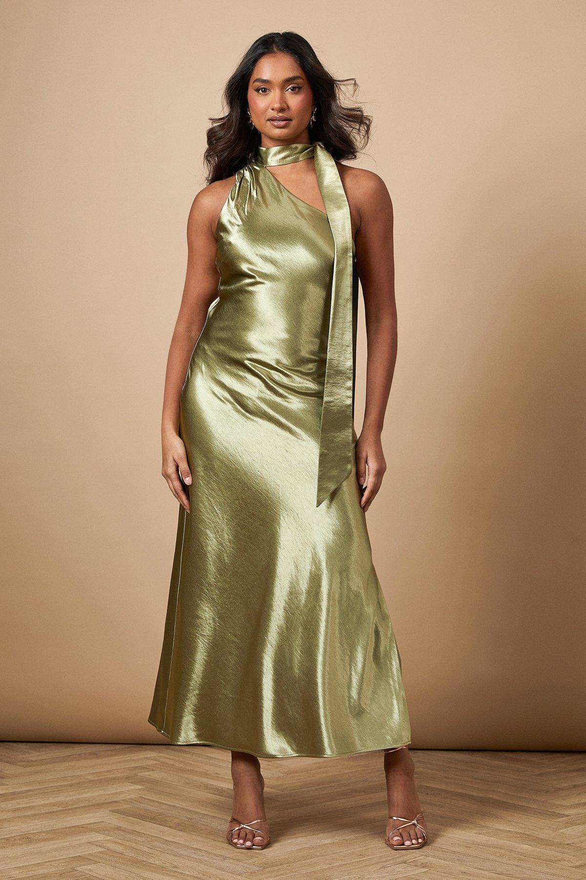 Oasis Olive Metallic Satin Tie Neck Dress PLT