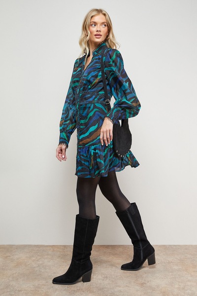 Oasis Printed Lace Trim Boho Shirt Mini Dress Multi