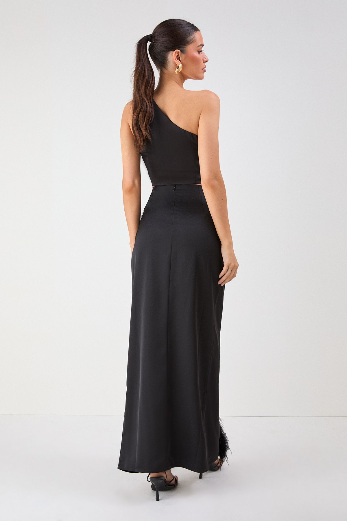 MissPap One Shoulder Top & Faux Feather Skirt Co-ord Black image 5