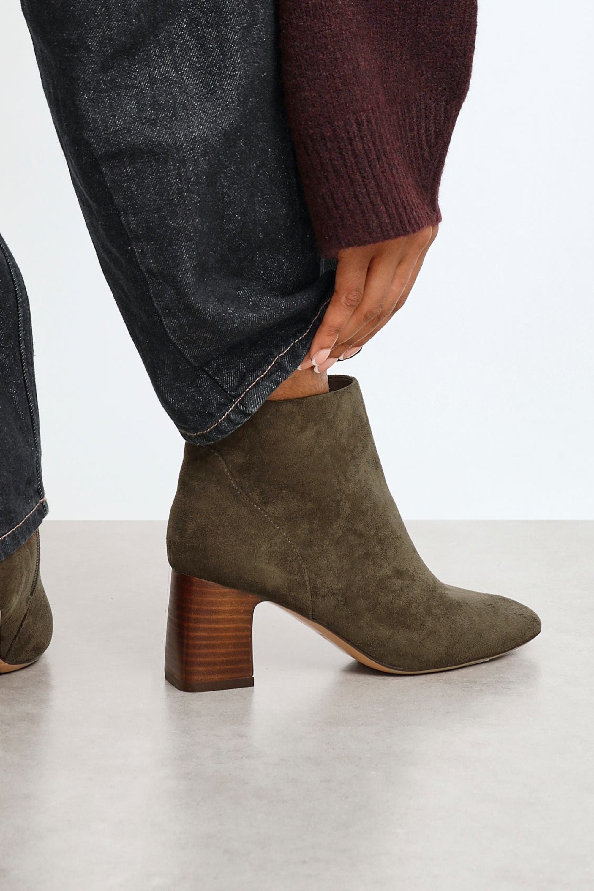 Linzi Cove Khaki Faux Suede Soft Square Toe Block Heel Ankle Boot image 6