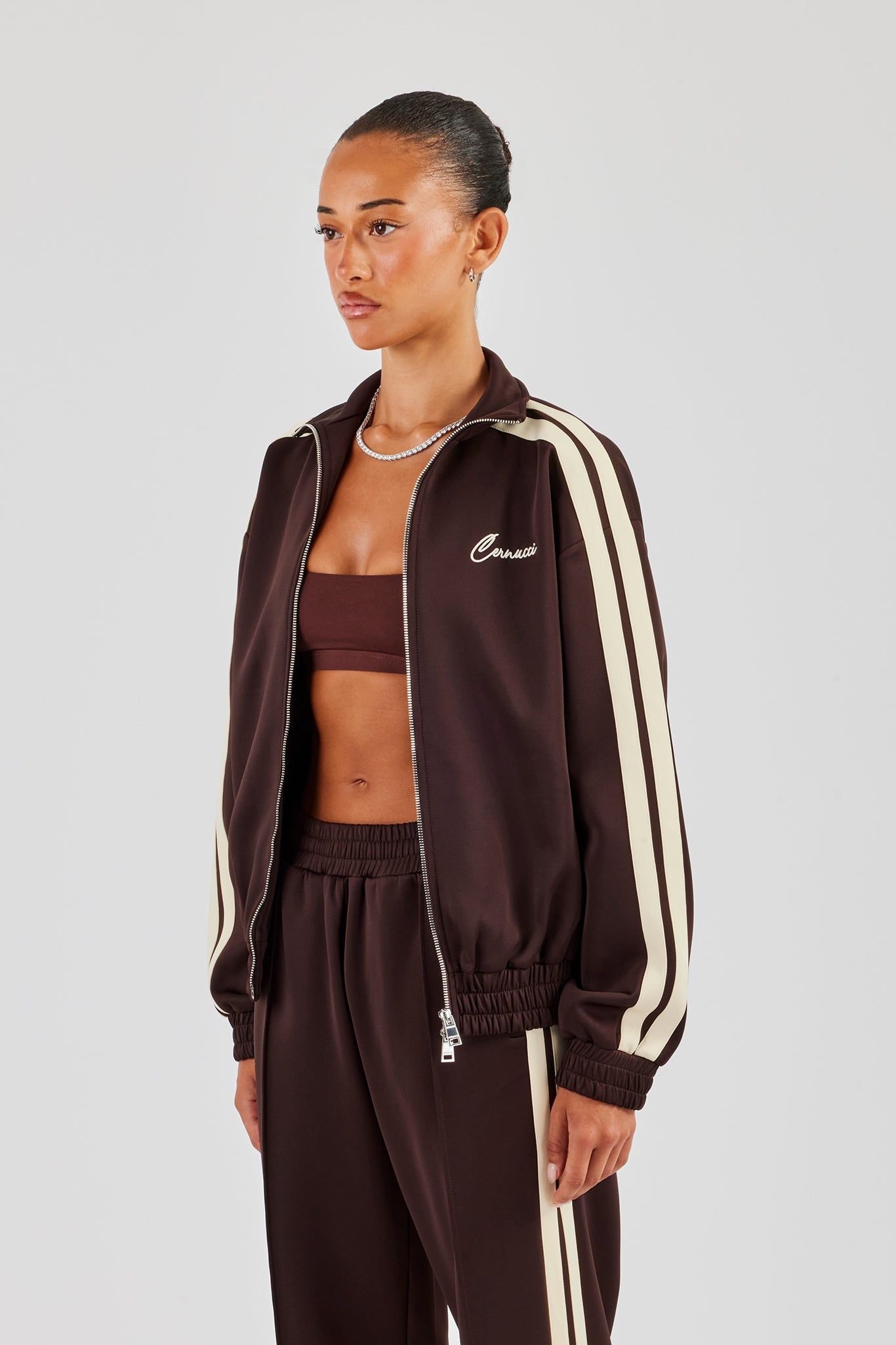 Cernucci Funnel Neck Taping Zip Through Track Jacket - Chocolate image 3