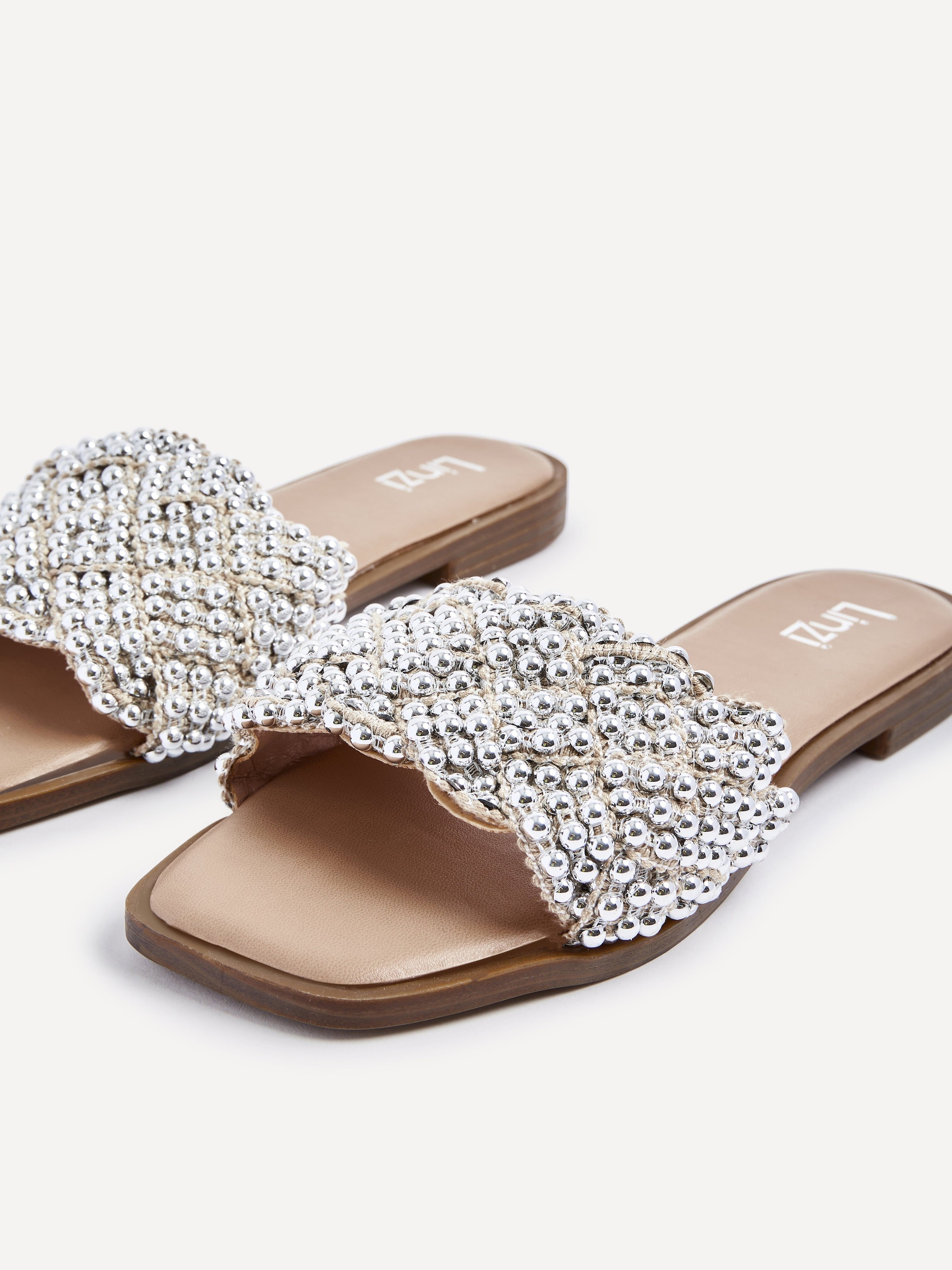 Linzi Lanette Nude Faux Leather Plaited & Beaded Flat Sandals image 5