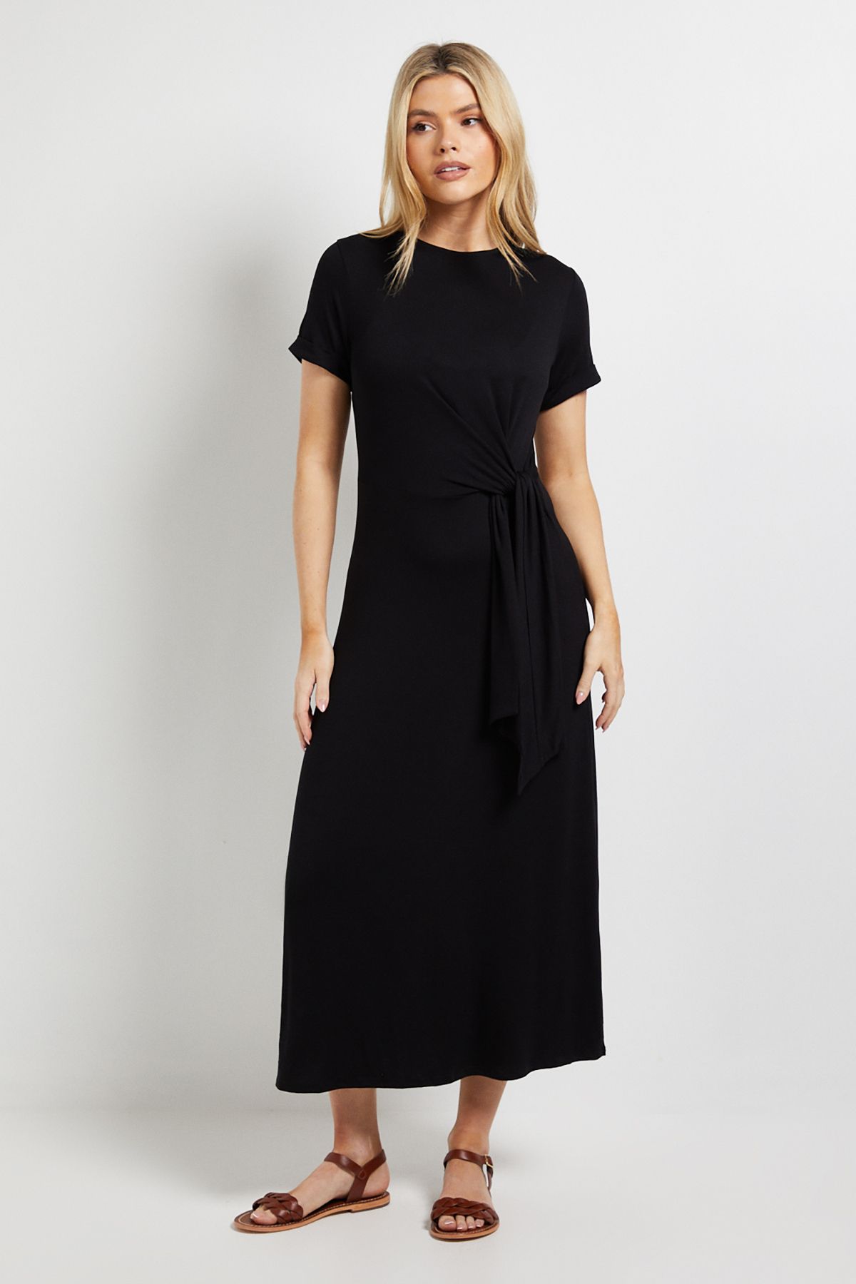 Dorothy Perkins Tie Detail Short Sleeve Jersey Midi Dress Black image 1