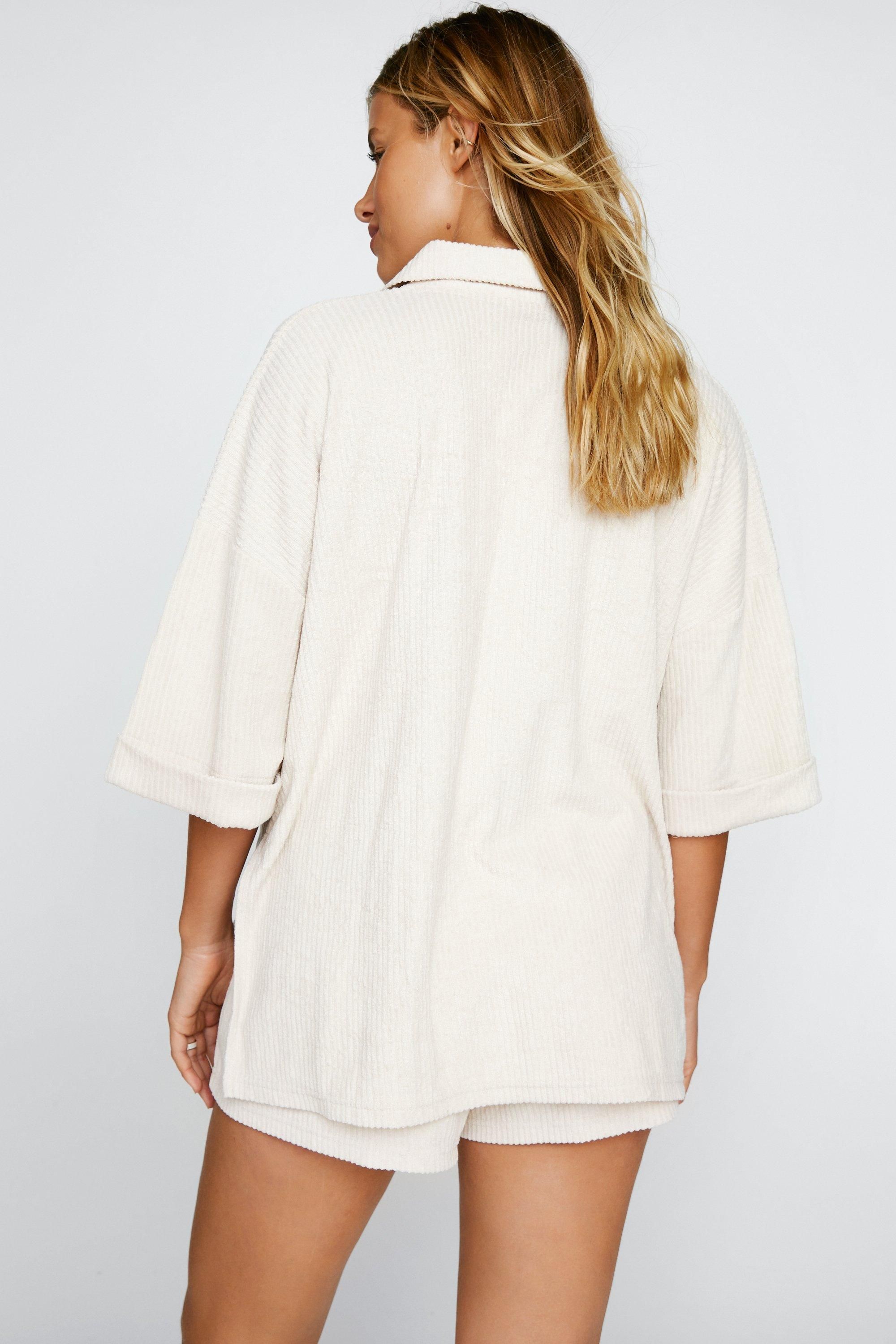 NastyGal Ribbed Toweling Beach Shirt and Shorts Two Piece Set Stone image 4