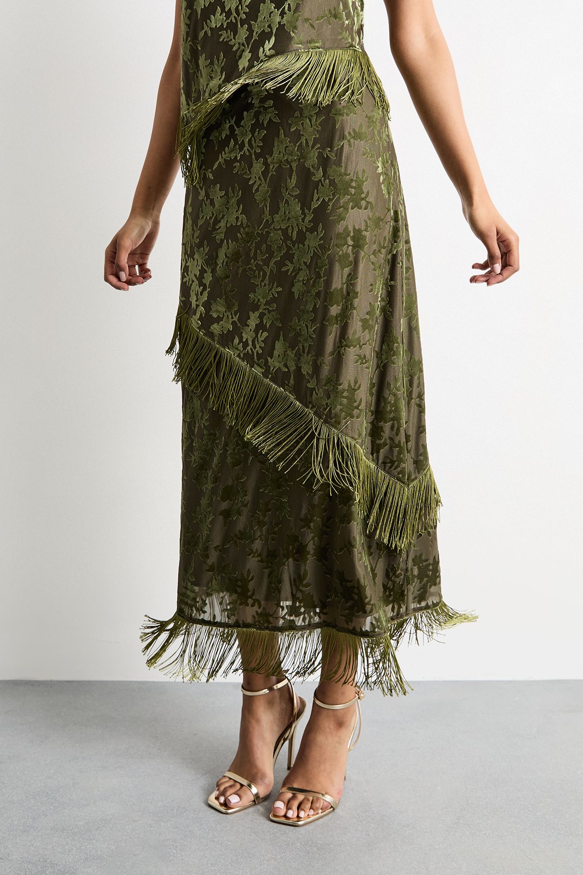Warehouse Devore Fringe Detail Midi Skirt Khaki image 2
