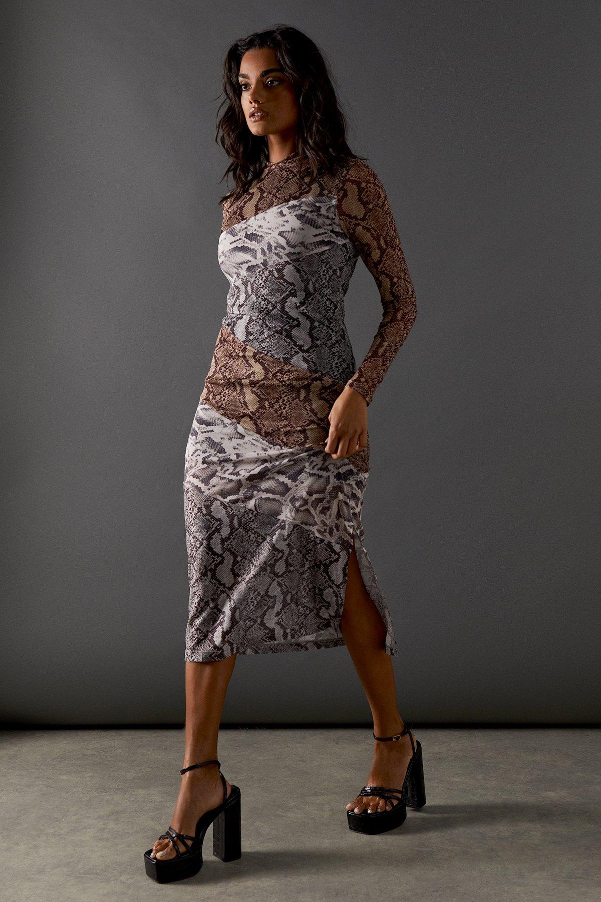Warehouse Snake Panelled Print Mesh Midi Dress Snake image 1