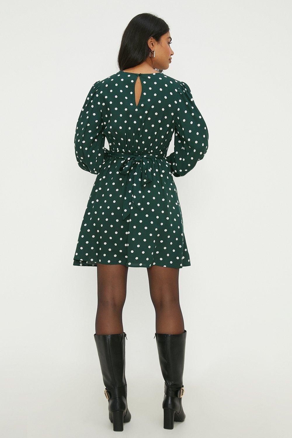 Dorothy Perkins Green Spot Shirred Cuff Mini Dress Green image 3